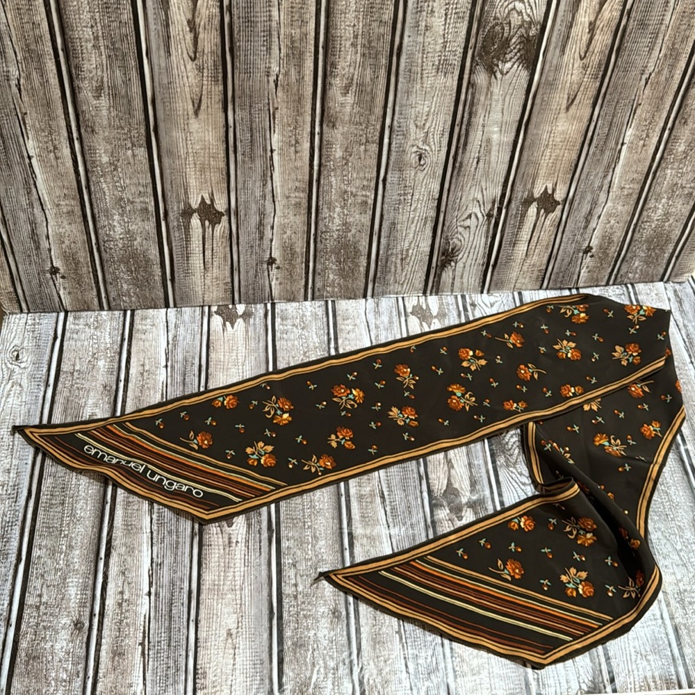 Emanuel Ungaro Silk Vintage Brown Flowers Stripes Lovely 60’s 70’s Skinny Scarf - Picture 9 of 13